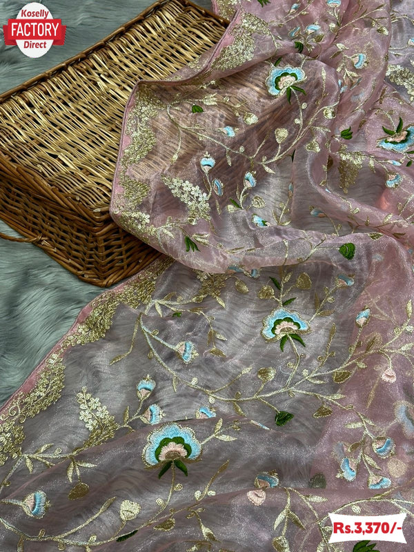 Peach Organza Silk Embroidered Partywear Saree