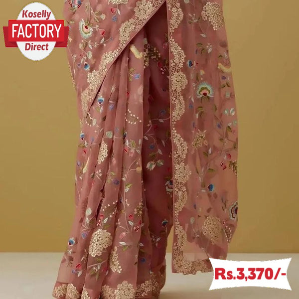 Peach Organza Silk Embroidered Partywear Saree
