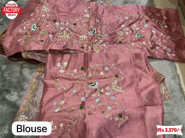 Peach Organza Silk Embroidered Partywear Saree