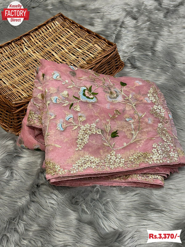Peach Organza Silk Embroidered Partywear Saree