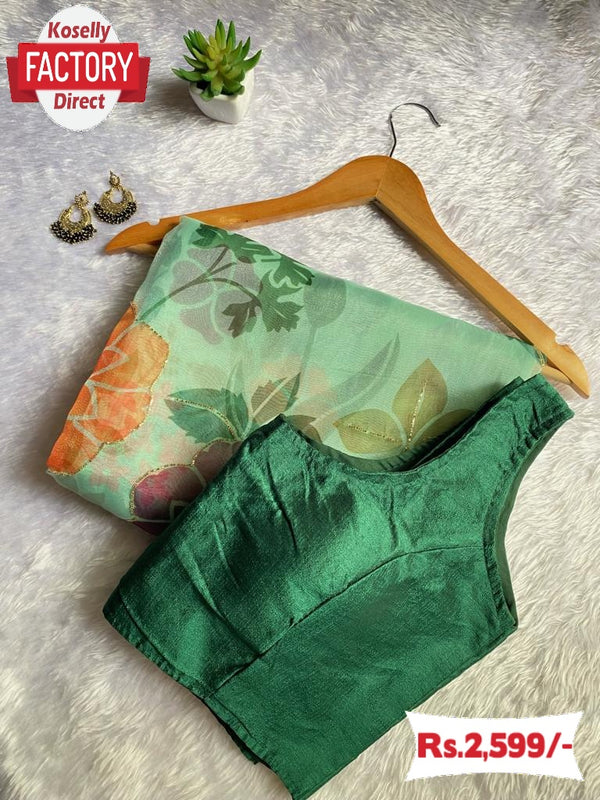 Green Organza Silk Handwork Partywear Saree