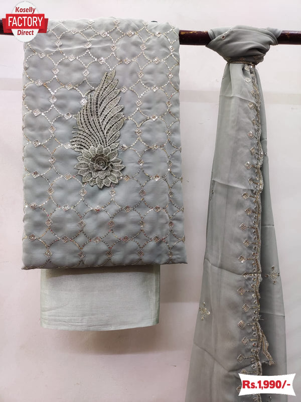 Ash Georgette Sequins Embroidered Kurtha Suruwal Piece