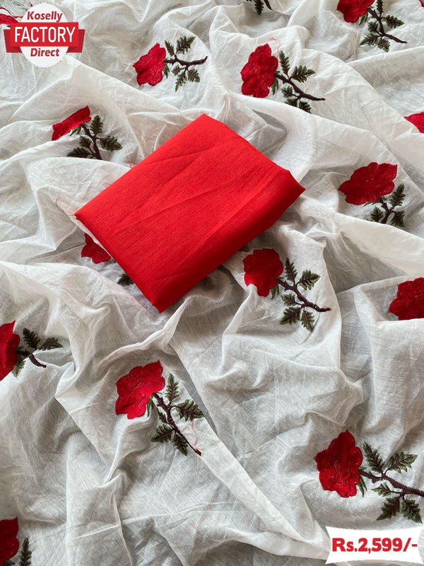 White Pure Chanderi Cotton Rose Embroidered Saree