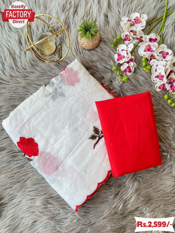 White Pure Chanderi Cotton Rose Embroidered Saree