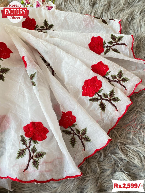 White Pure Chanderi Cotton Rose Embroidered Saree