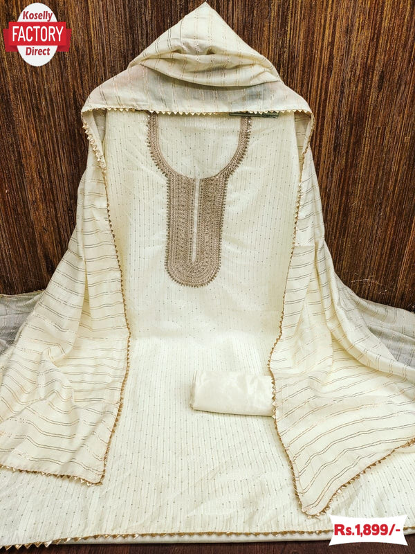 White Chanderi Crochet Embroidered Kurtha Suruwal Piece