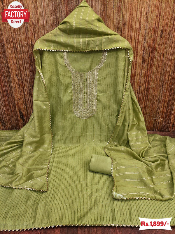 Olive Green Chanderi Crochet Embroidered Kurtha Suruwal Piece