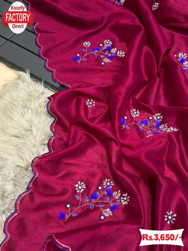 Magenta Pure Malai Silk Embroidered Partywear Saree