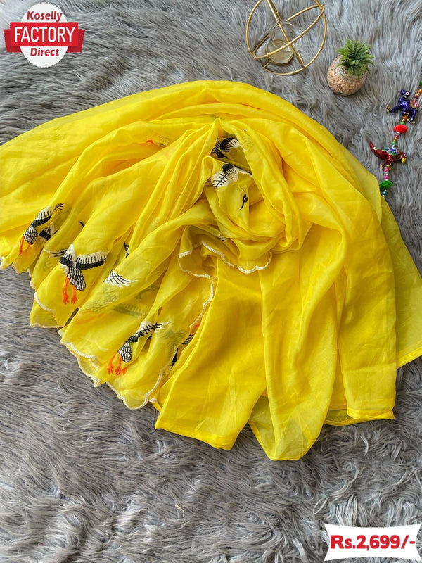 Yellow Pure Soft Organza Duck Embroidered Fancy Saree