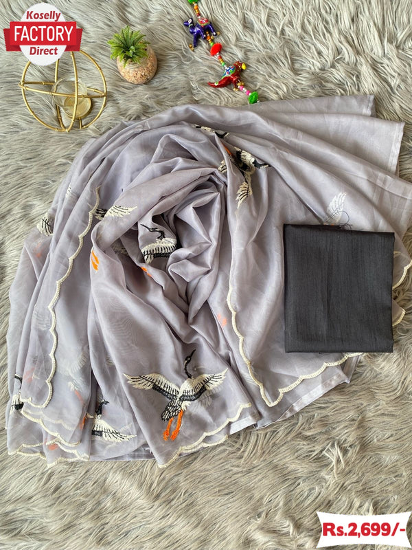 Ash Pure Soft Organza Duck Embroidered Fancy Saree