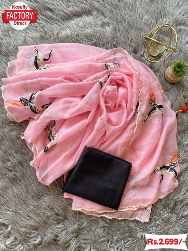 Pink Pure Soft Organza Duck Embroidered Fancy Saree