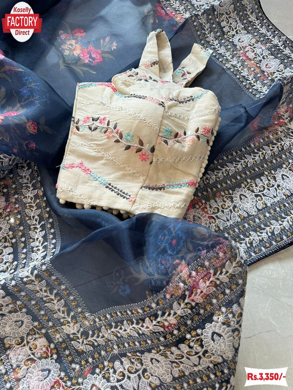 Black Soft Organza Embroidered Fancy Saree With Stitched Blouse