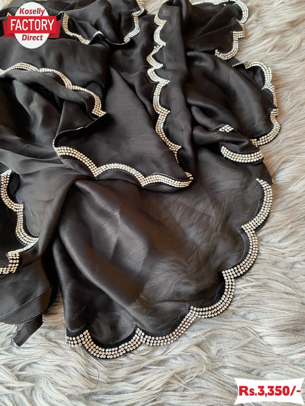 Black Chiffon Saree With Velvet Zircon Border