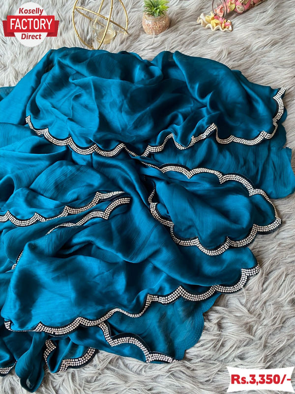 Royal Blue Chiffon Saree With Velvet Zircon Border