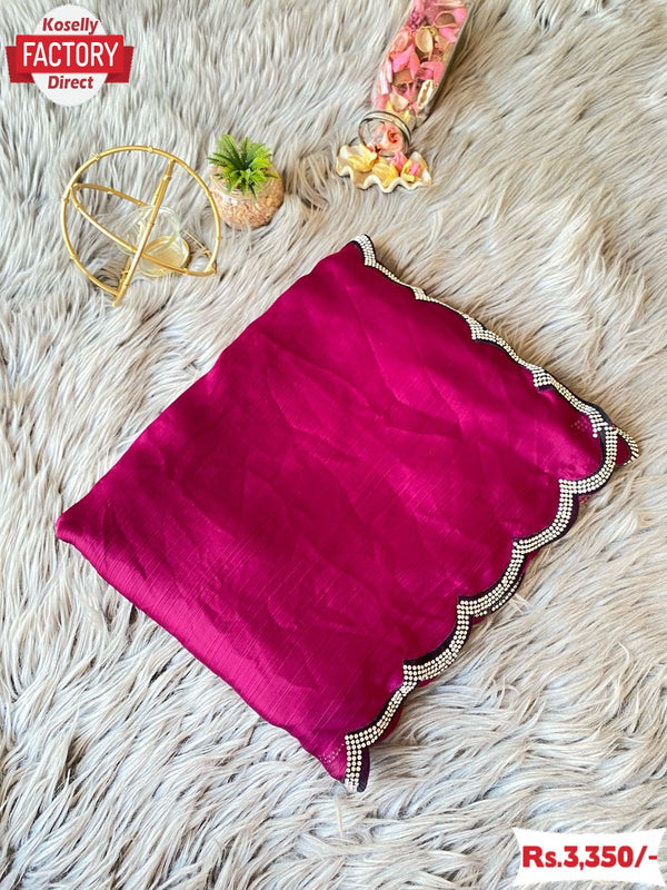 Magenta Chiffon Saree With Velvet Zircon Border