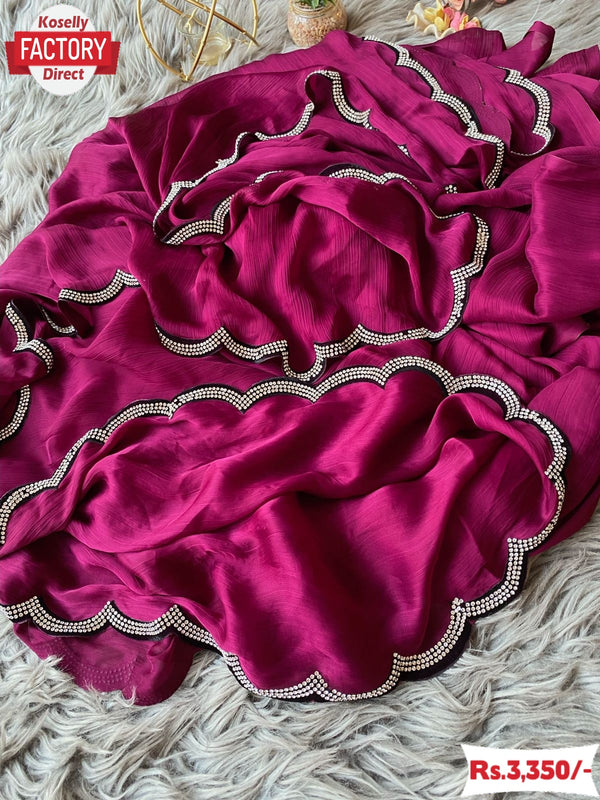 Magenta Chiffon Saree With Velvet Zircon Border