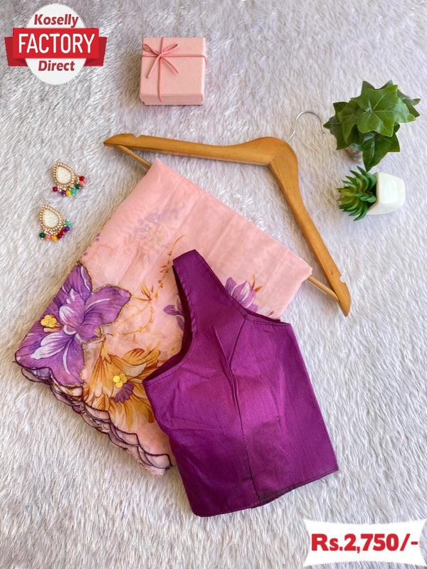 Peach Soft Organza Digital Print Plus Handwork Saree With Stitched Blouse