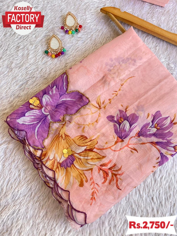 Peach Soft Organza Digital Print Plus Handwork Saree With Stitched Blouse