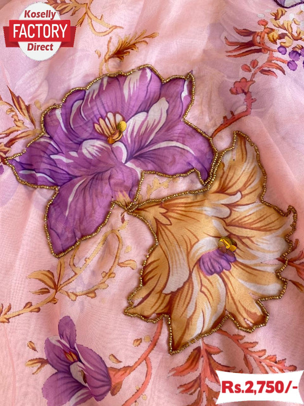 Peach Soft Organza Digital Print Plus Handwork Saree With Stitched Blouse