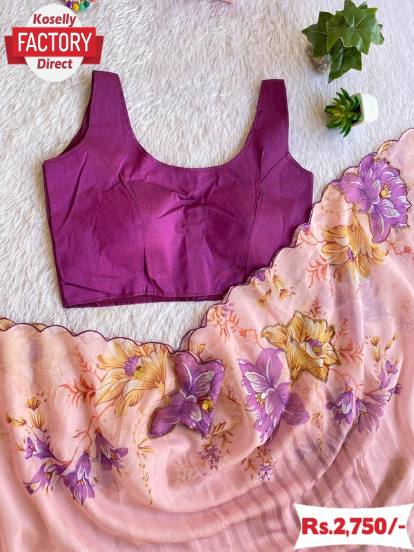 Peach Soft Organza Digital Print Plus Handwork Saree With Stitched Blouse