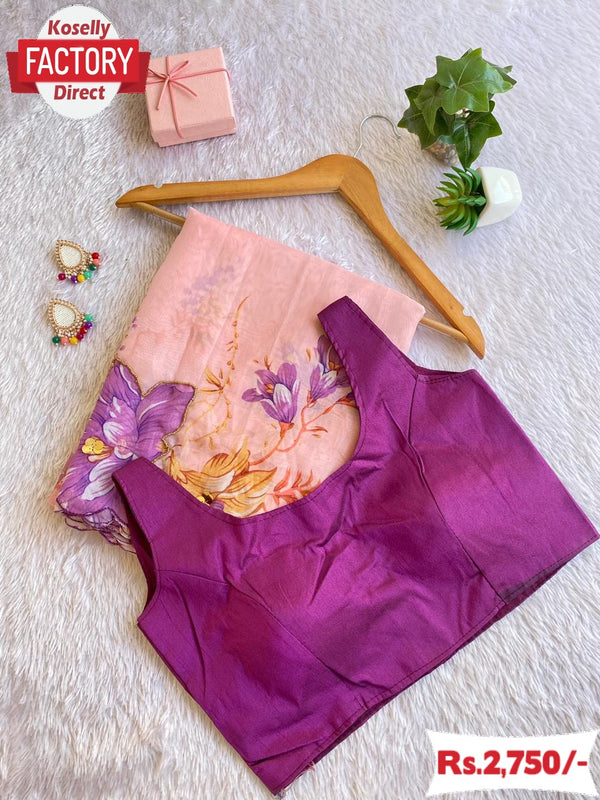 Peach Soft Organza Digital Print Plus Handwork Saree With Stitched Blouse