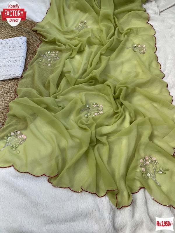 Light Green Pure Georgette Silk Saree With Khatli Handwork