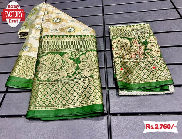 Off-white Banarasi Handloom Silk Saree With Green Border