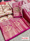 Off-white Banarasi Handloom Silk Saree With Pink Border