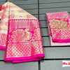 Off-white Banarasi Handloom Silk Saree With Pink Border