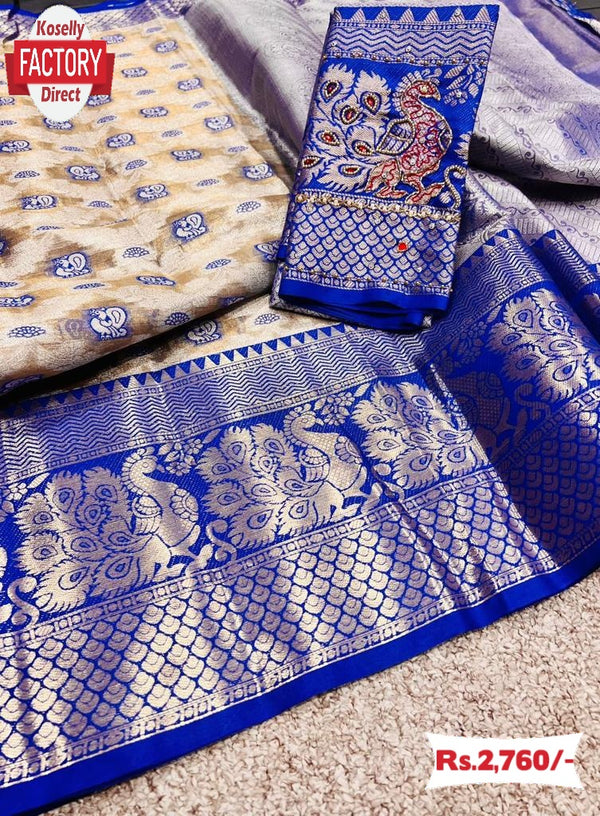 Off-white Banarasi Handloom Silk Saree With Blue Border