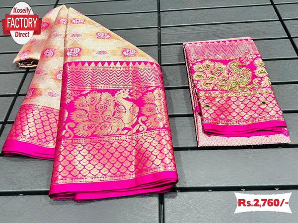 Off-white Banarasi Handloom Silk Saree With Pink Border