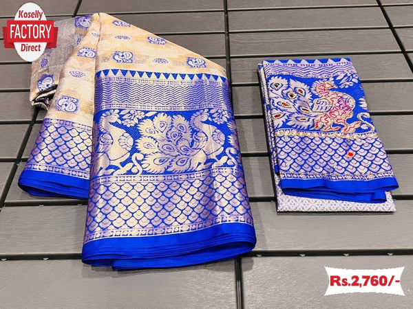 Off-white Banarasi Handloom Silk Saree With Blue Border
