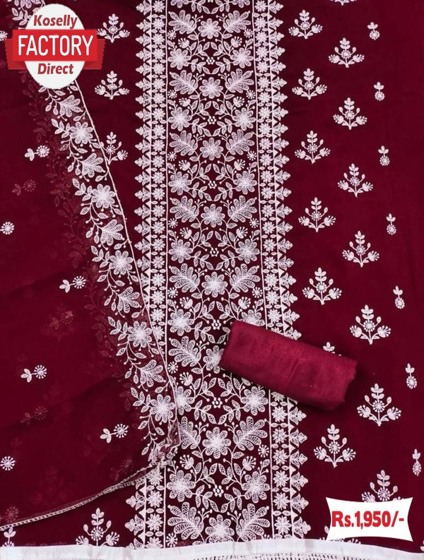 Wine Georgette Embroidered Kurtha Suruwal Piece