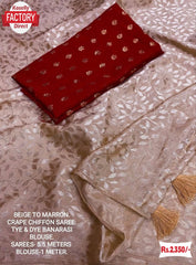 Beige Crepe Chiffon Saree With Maroon Blouse