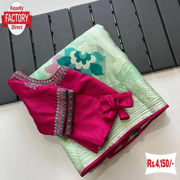 Faint Green Pure Organza Brasso Partywear Saree