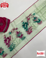 Faint Green Pure Organza Brasso Partywear Saree