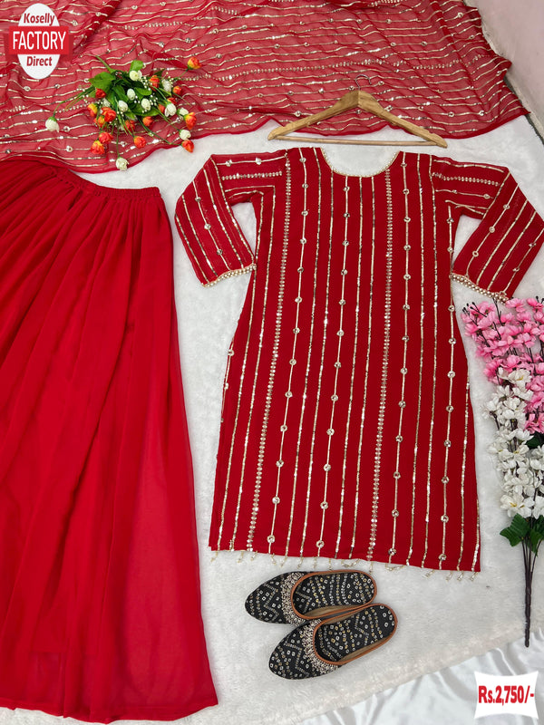 Red Georgette Partywear Kurtha Sharara Set