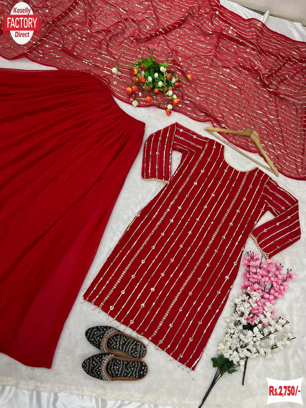 Red Georgette Partywear Kurtha Sharara Set