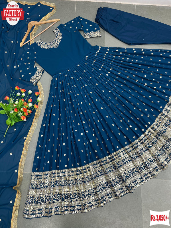 Cobalt Blue Georgette Embroidered Gown with Dupatta