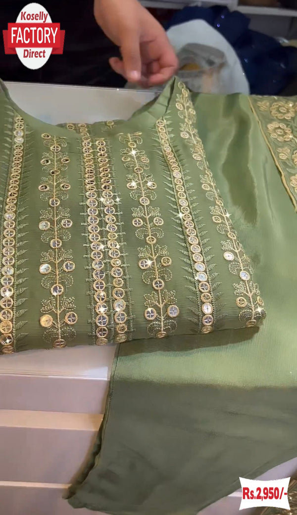 Light Green Embroidered Kurtha Pant Dupatta Set