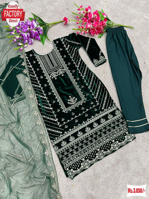 Green Velvet Embroidered Kurtha Pant Dupatta Set