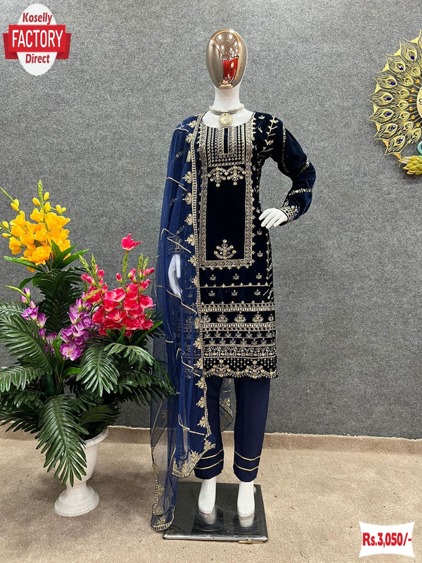Navy Blue Velvet Embroidered Kurtha Pant Dupatta Set