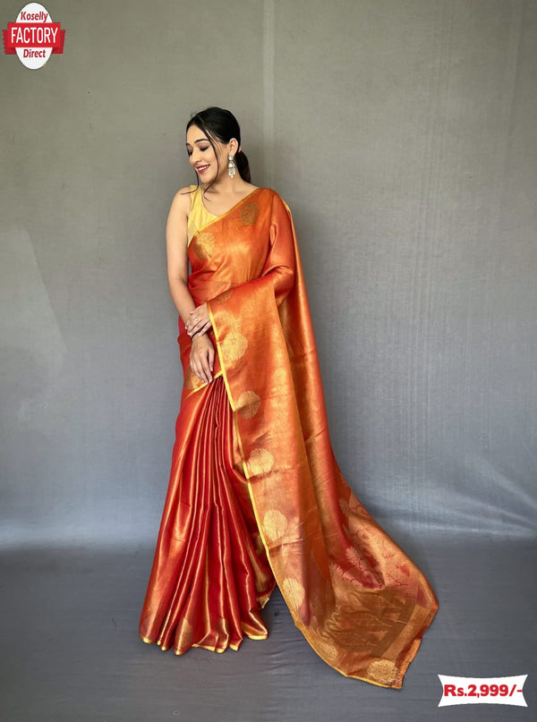Orange Tissue Silk Saree With Jacquard Weaving