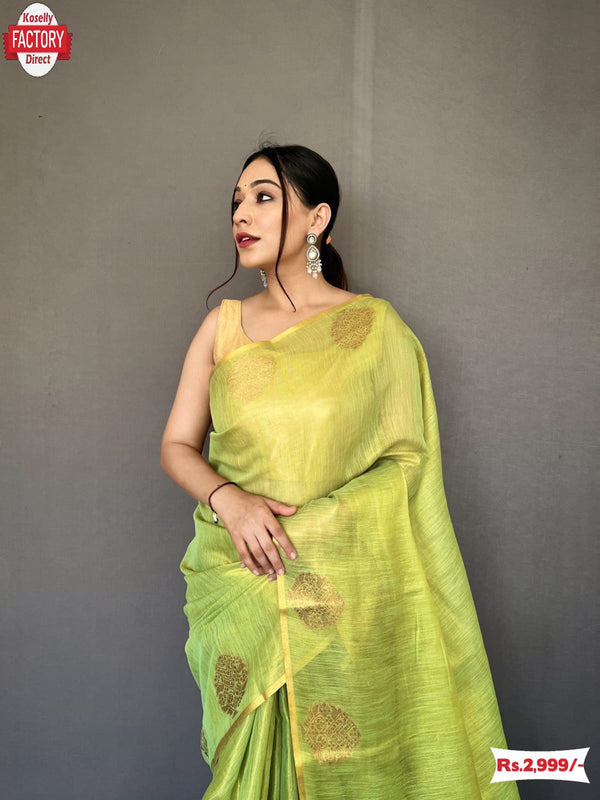 Pista Green Tissue Silk Saree With Jacquard Weaving