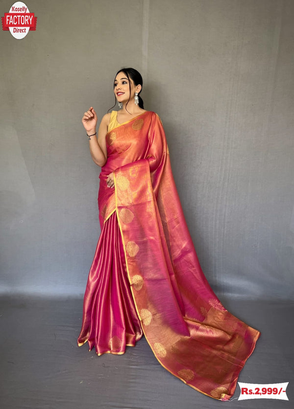 Warm Pink Tissue Silk Saree With Jacquard Weaving