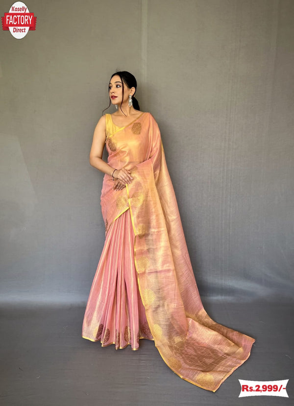 Peach Tissue Silk Saree With Jacquard Weaving