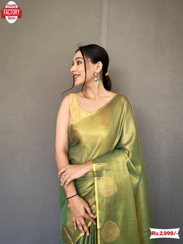 Dusty Green Tissue Silk Saree With Jacquard Weaving