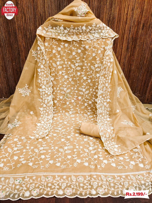 Mustard Modal Chanderi Embroidered Kurtha Suruwal Piece