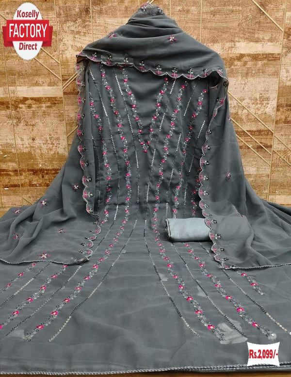 Dark Grey Georgette Multi-sequins Embroidered Kurtha Suruwal Piece