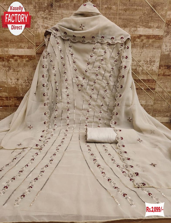 Beige Georgette Multi-sequins Embroidered Kurtha Suruwal Piece